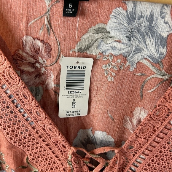 Torrid Boho Babydoll Top Plus Size 5X Pink Floral Tassel Lace Up Crochet - Picture 3 of 6